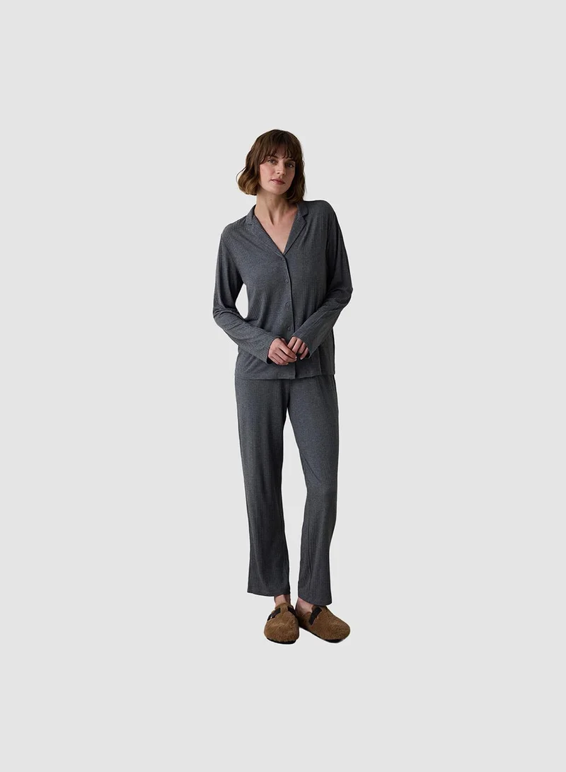 Penti Ribbed Shirt Collar Long Sleeve Pajama Set